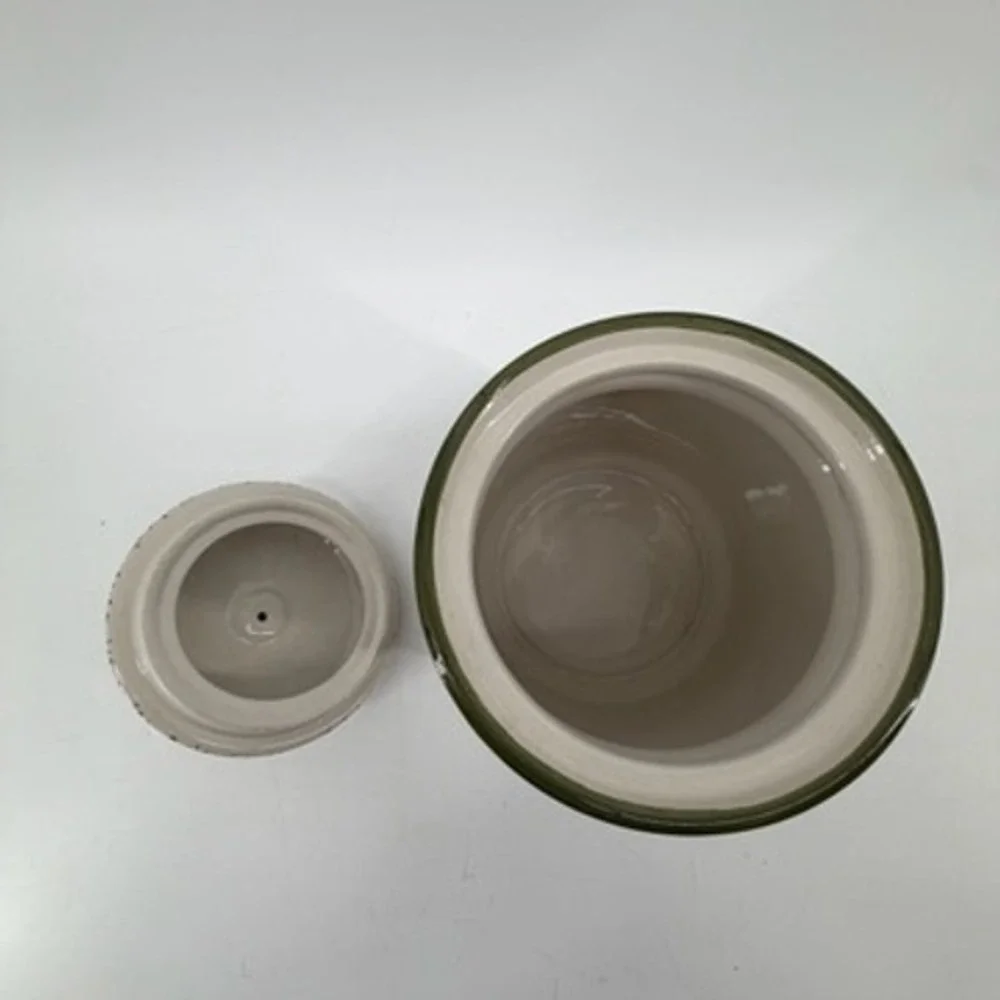 Stoneware Snowman Christmas Cookie Jar Green Spongeware Holiday Canister 7.5in